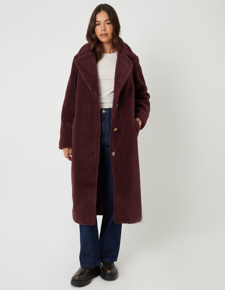 Berry Red Longline Borg Teddy Coat