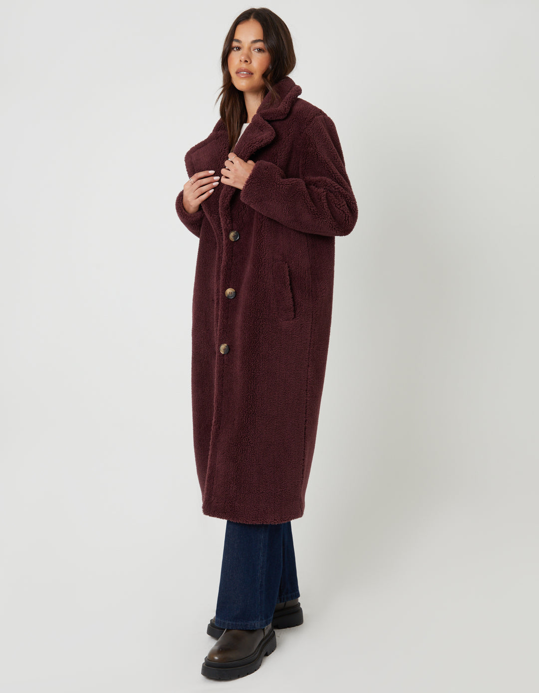 Berry Red Longline Borg Teddy Coat