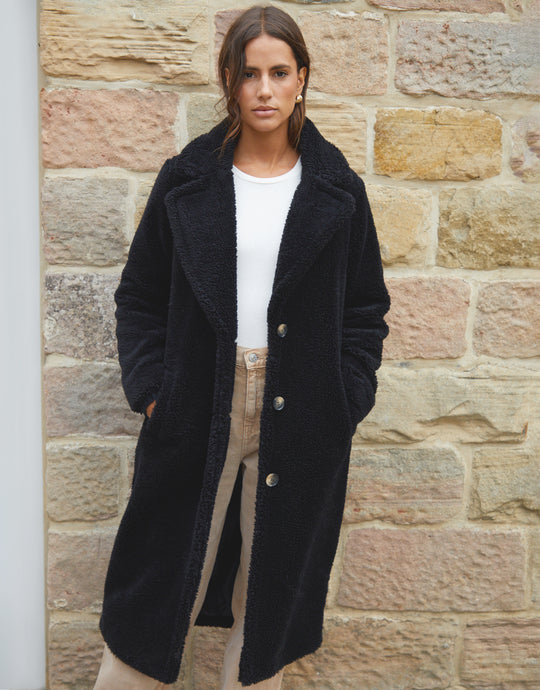 Threadbare Women's Black Longline Borg Teddy Coat