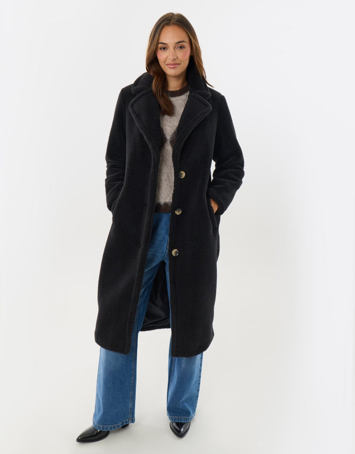 Longline Borg Teddy Coat in Black