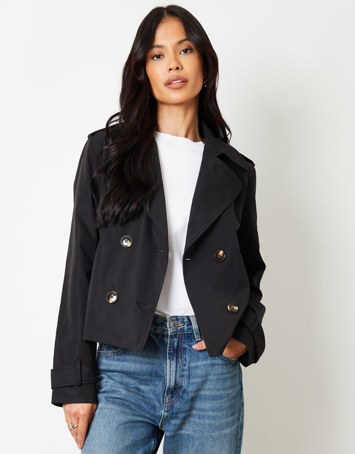 Black Double Breasted Cropped Trench Coat