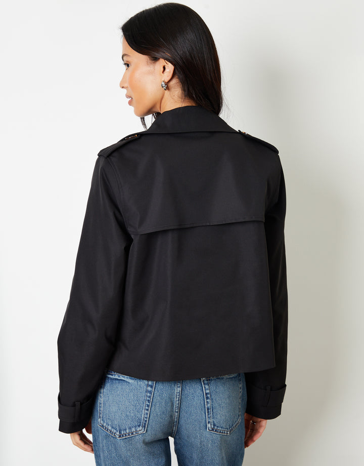 Black Double Breasted Cropped Trench Coat