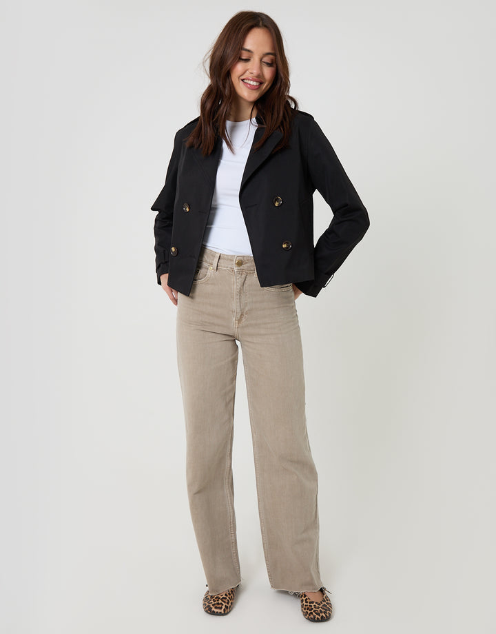 Black Double Breasted Cropped Trench Coat