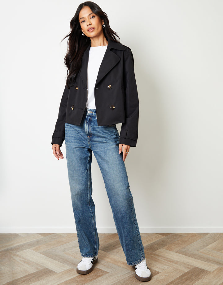 Black Double Breasted Cropped Trench Coat