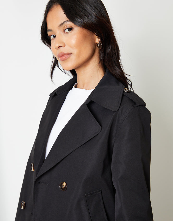 Black Double Breasted Cropped Trench Coat