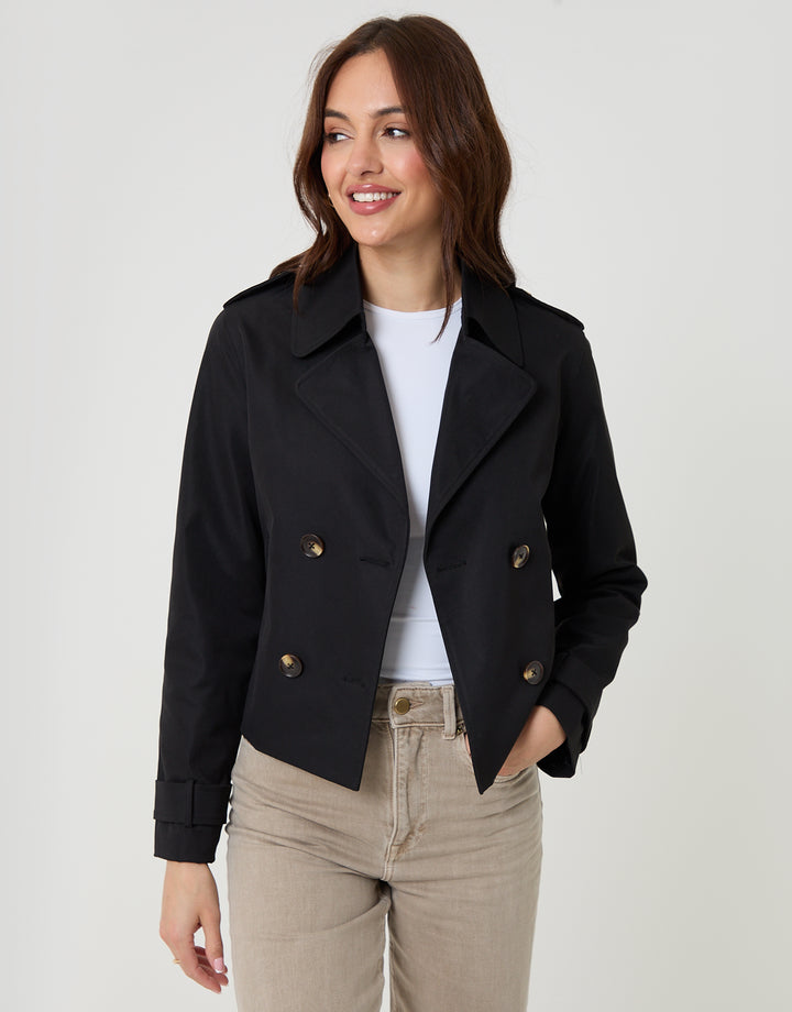 Black Double Breasted Cropped Trench Coat