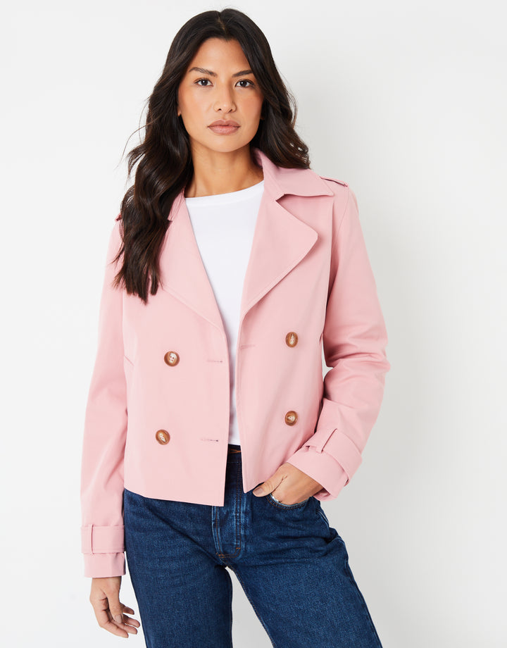 Pink Double Breasted Cropped Trench Coat