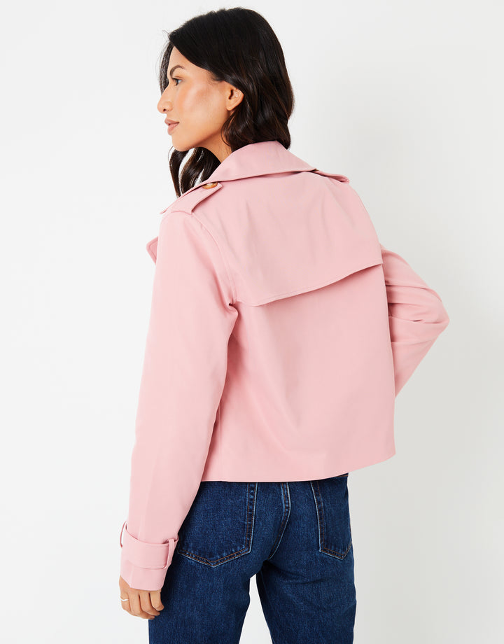 Pink Double Breasted Cropped Trench Coat