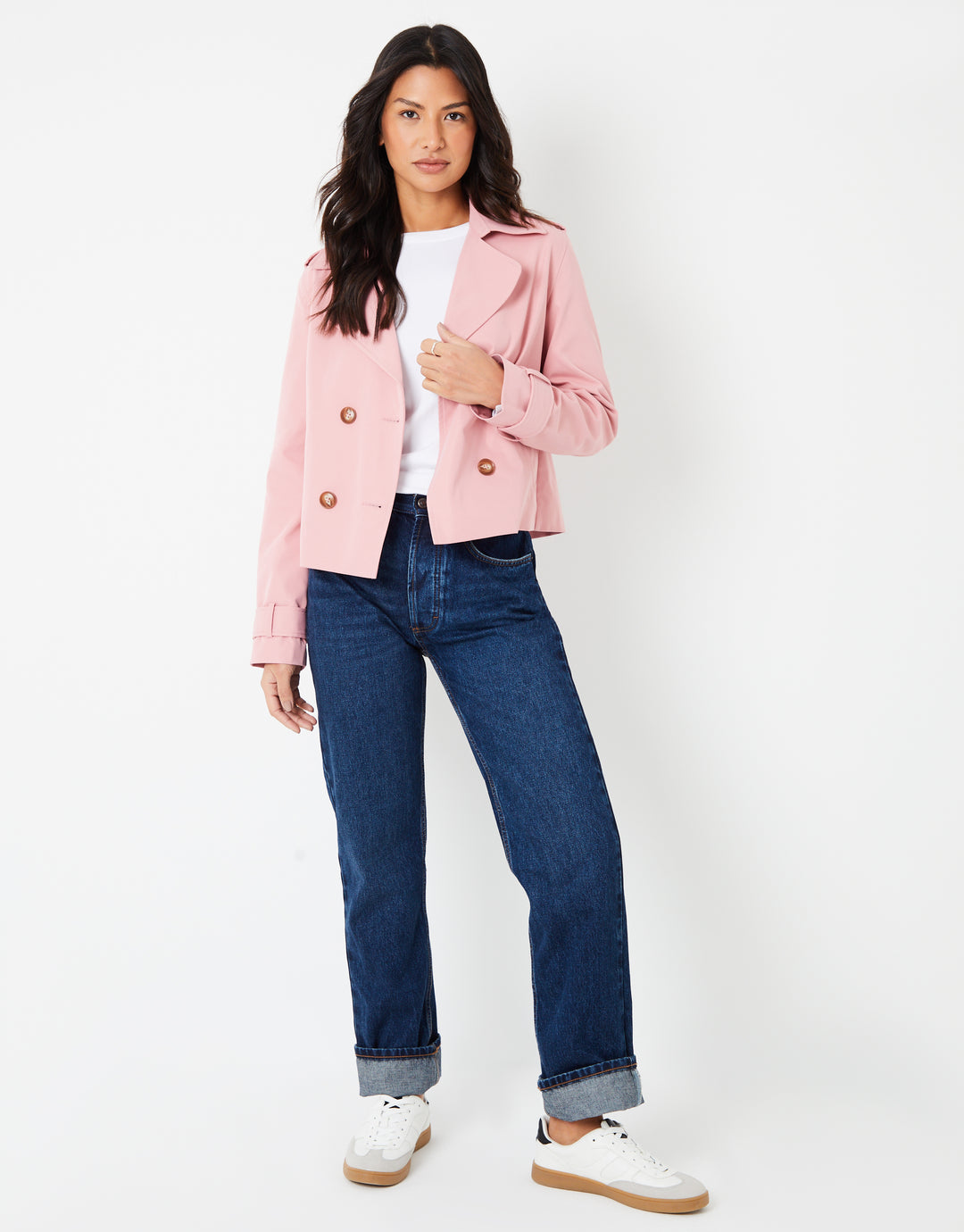 Pink Double Breasted Cropped Trench Coat