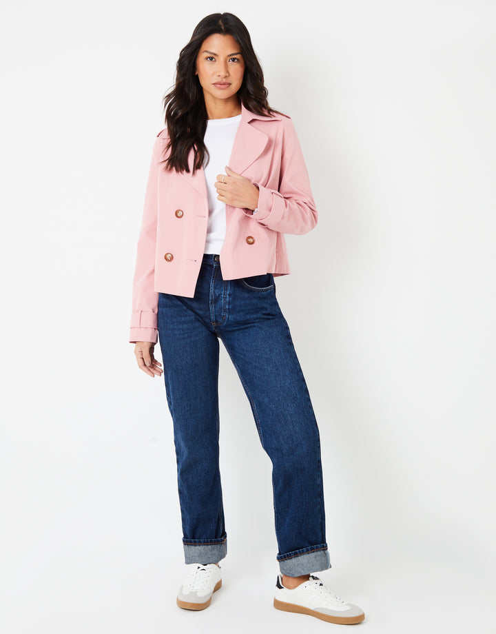 Pink Double Breasted Cropped Trench Coat