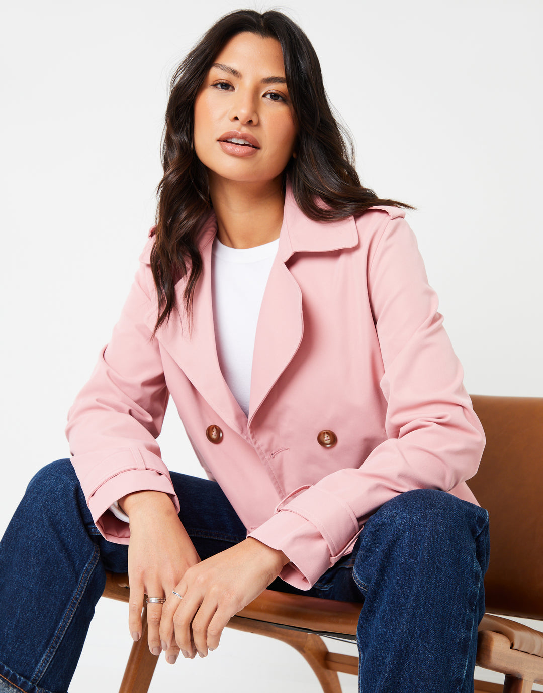 Pink Double Breasted Cropped Trench Coat