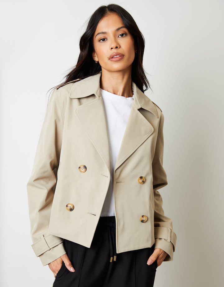 Stone Double Breasted Cropped Trench Coat