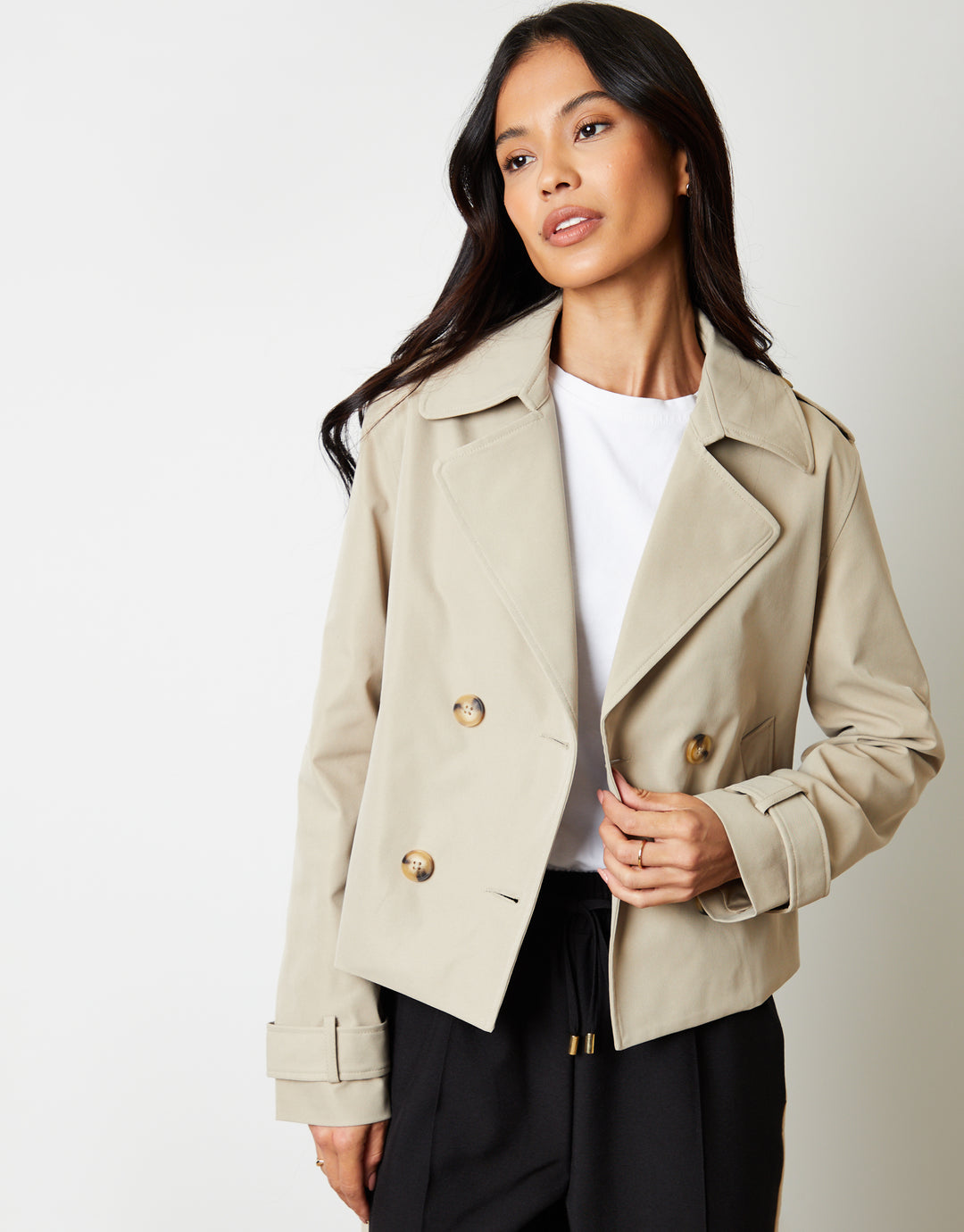 Stone Double Breasted Cropped Trench Coat