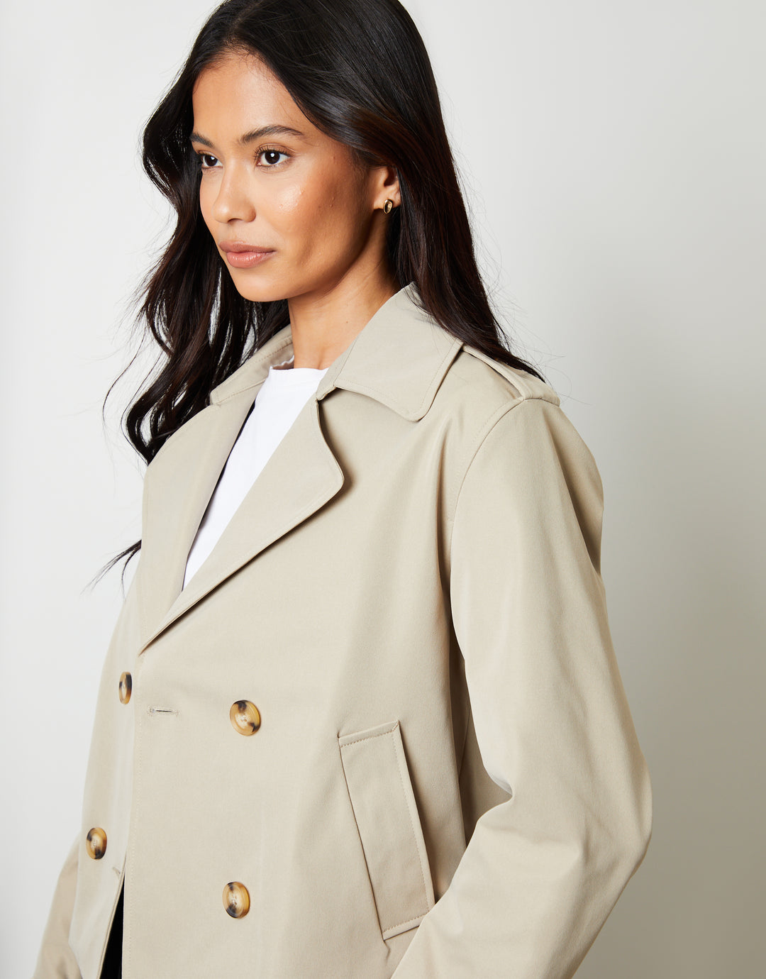 Stone Double Breasted Cropped Trench Coat