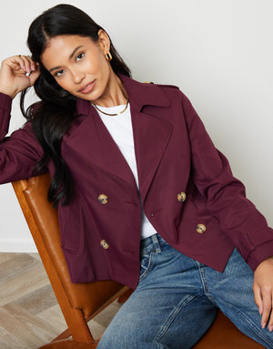 Berry Red Double Breasted Cropped Trench Coat