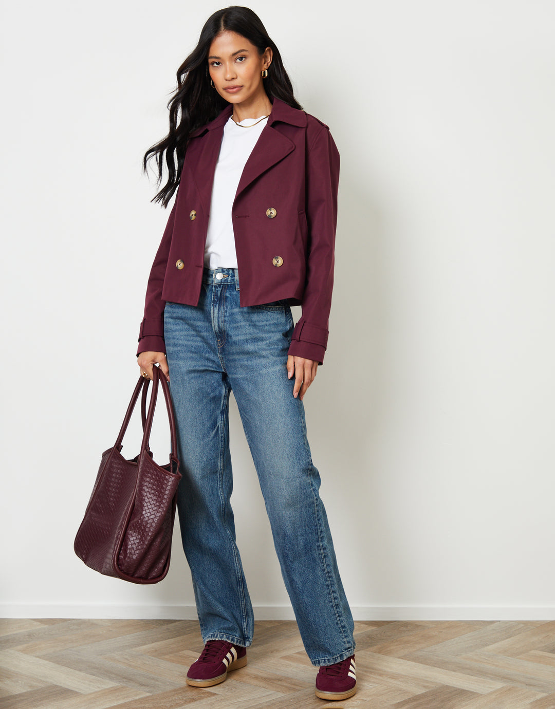 Threadbare Women's Berry Red Double Breasted Cropped Trench Coat