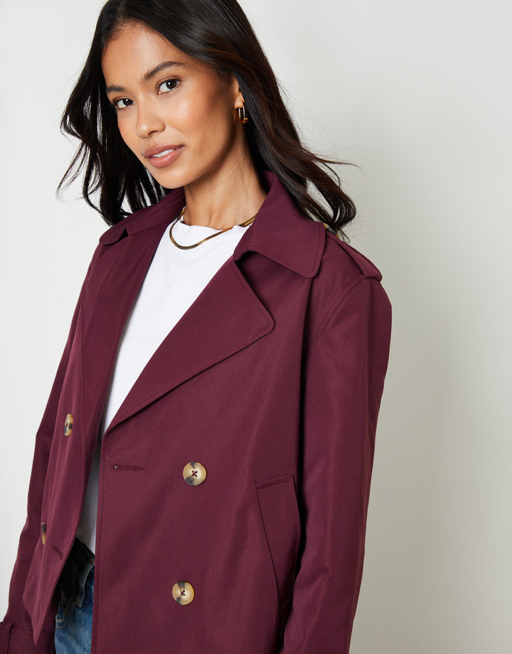 Berry Red Double Breasted Cropped Trench Coat
