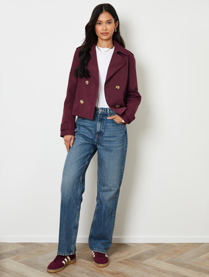 Berry Red Double Breasted Cropped Trench Coat