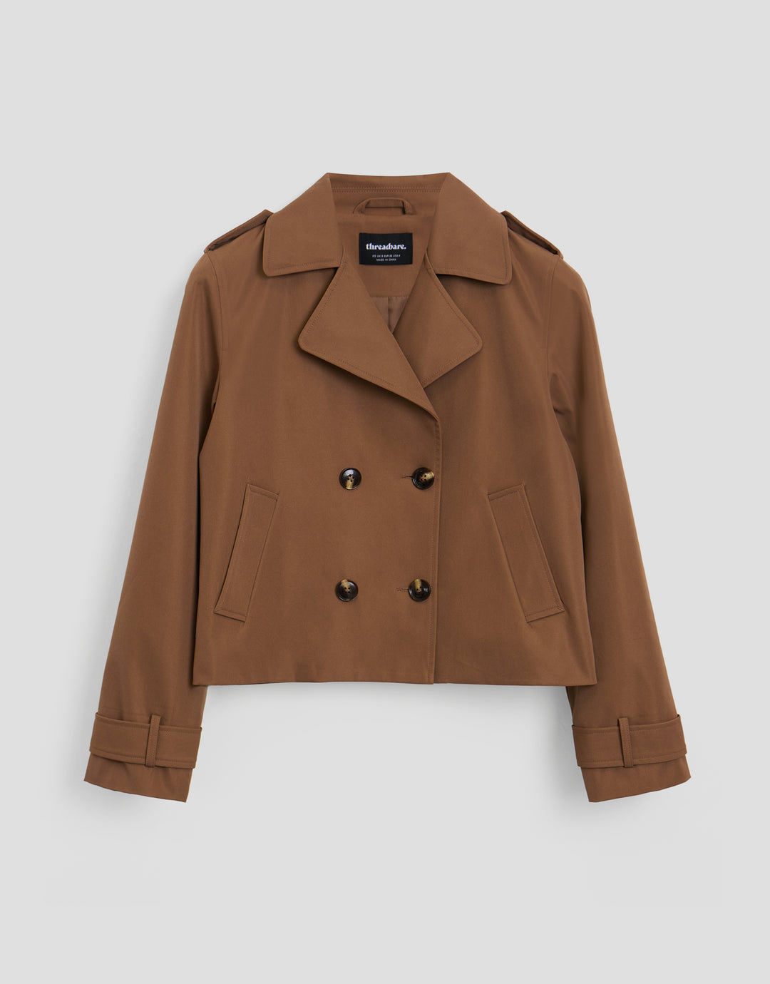Threadbare Double Breasted Cropped Trench Coat in Mocha Brown - flat lay