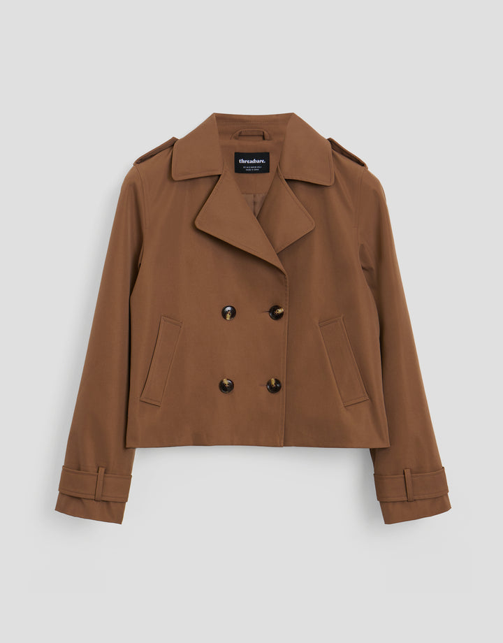 Threadbare Double Breasted Cropped Trench Coat in Mocha Brown - flat lay