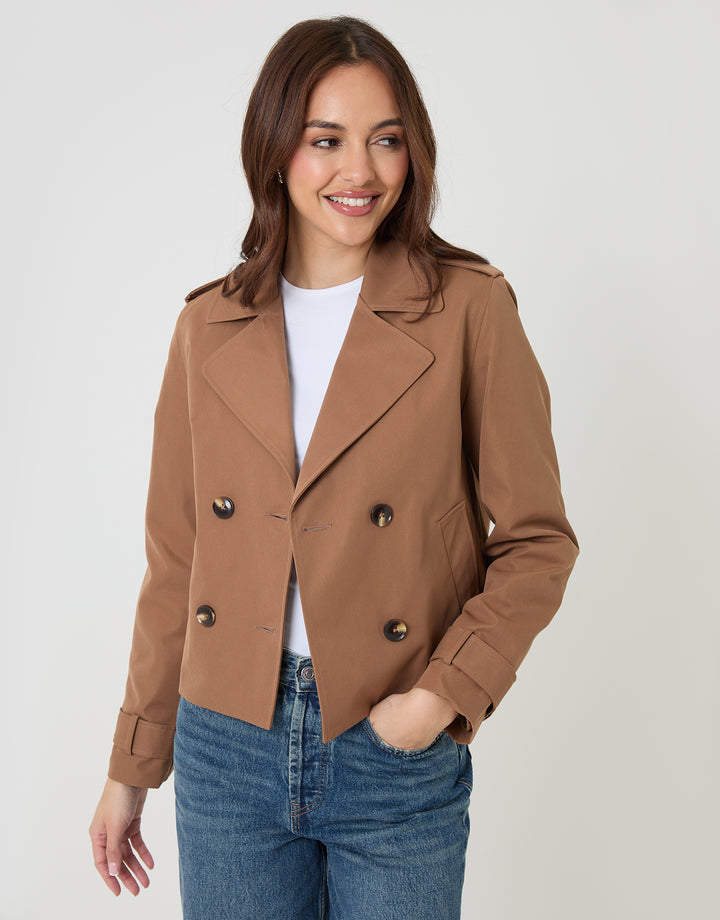 Mocha Brown Double Breasted Cropped Trench Coat