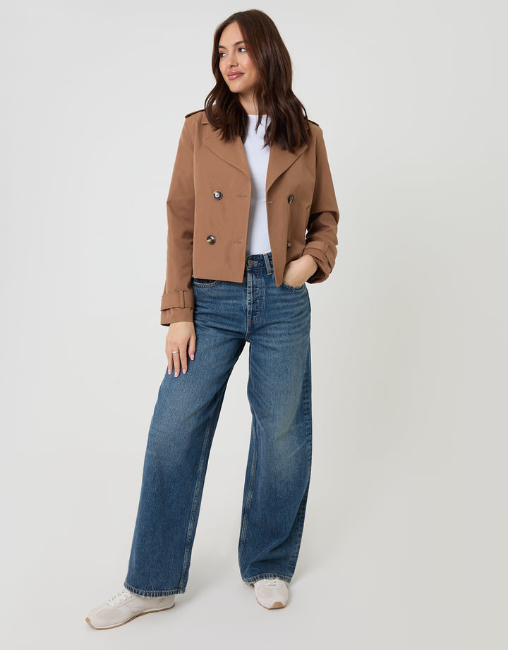 Mocha Brown Double Breasted Cropped Trench Coat