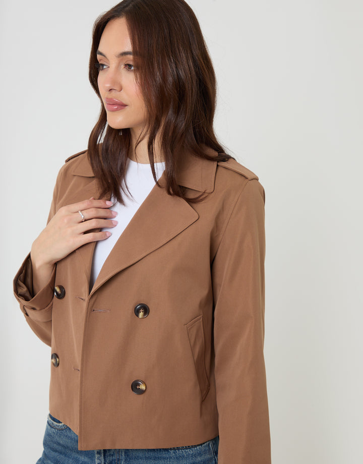 Mocha Brown Double Breasted Cropped Trench Coat