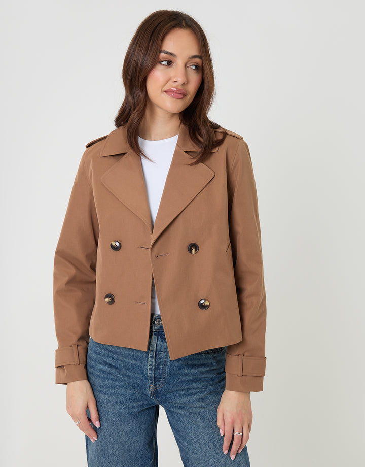 Mocha Brown Double Breasted Cropped Trench Coat