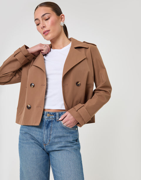 Threadbare Double Breasted Cropped Trench Coat in Mocha Brown - front view