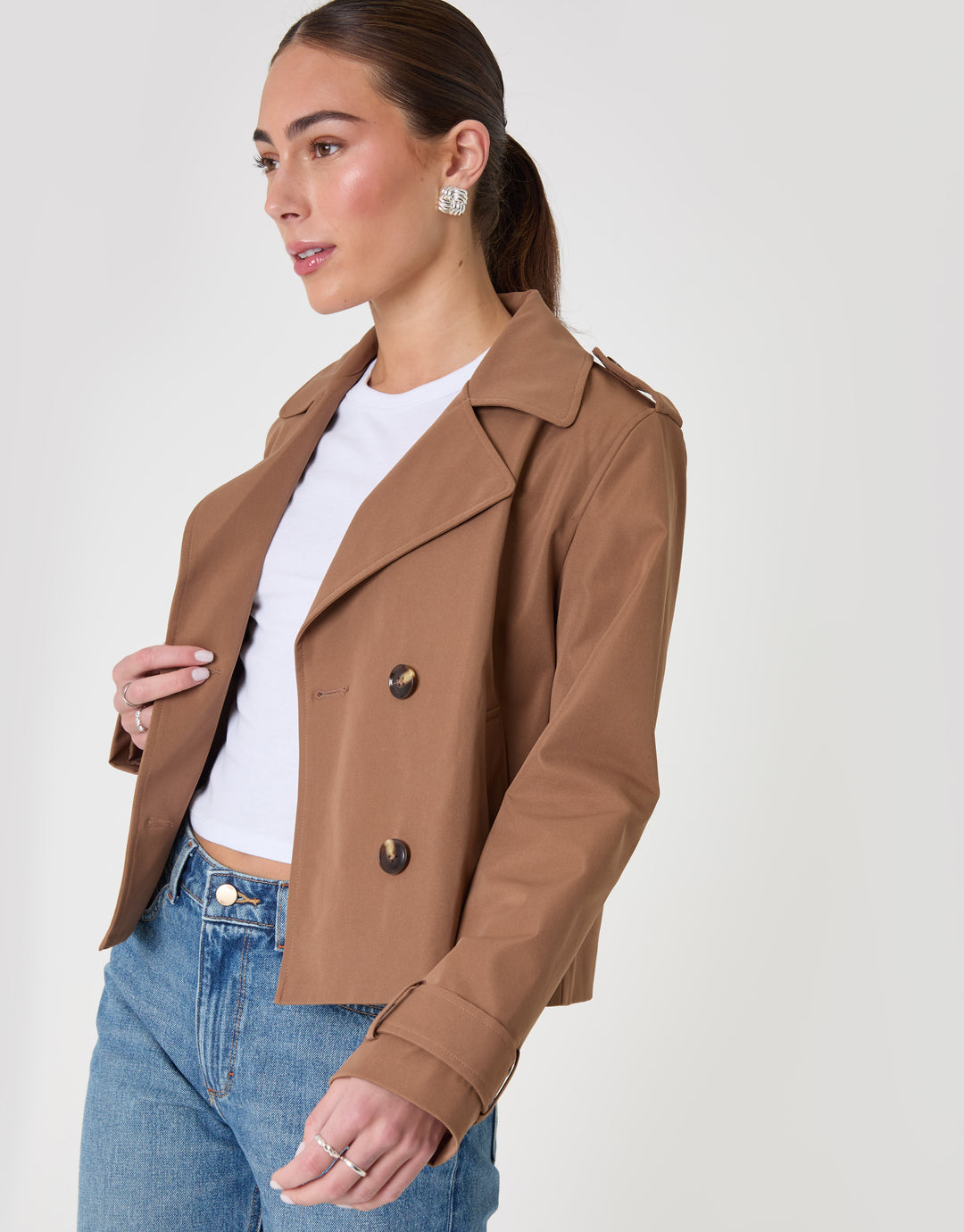 Threadbare Double Breasted Cropped Trench Coat in Mocha Brown - front view