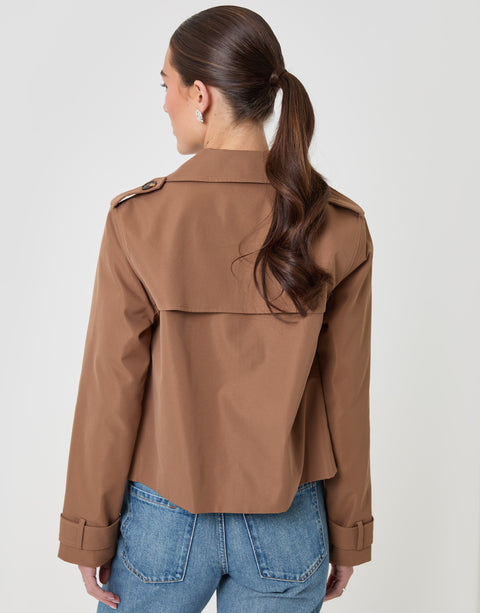 Threadbare Double Breasted Cropped Trench Coat in Mocha Brown - back view