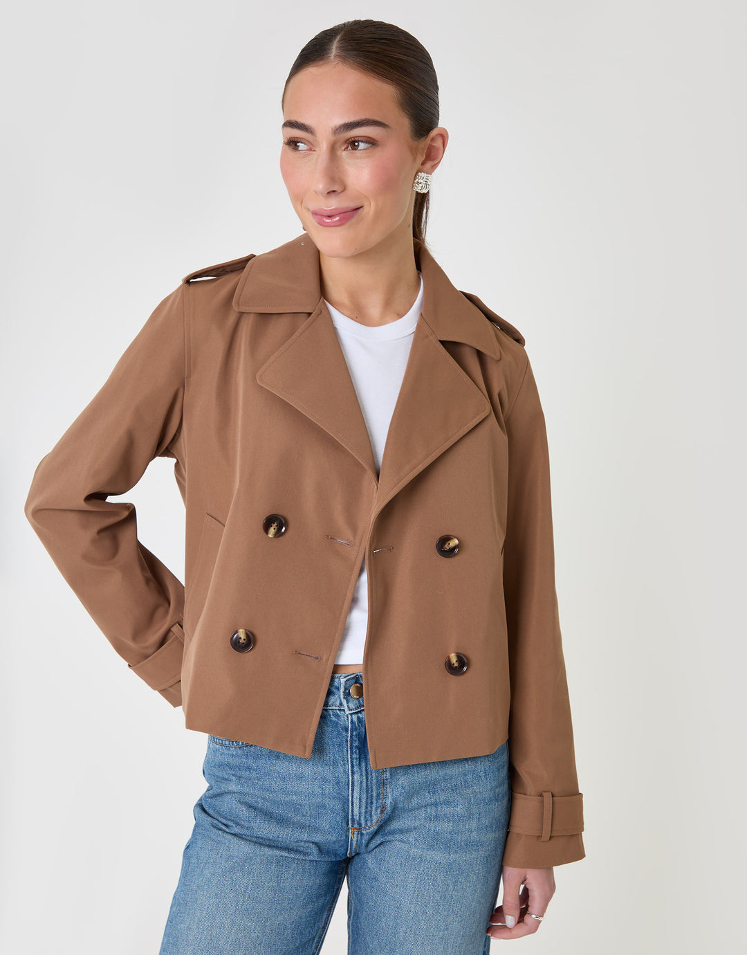 Threadbare Double Breasted Cropped Trench Coat in Mocha Brown - front view