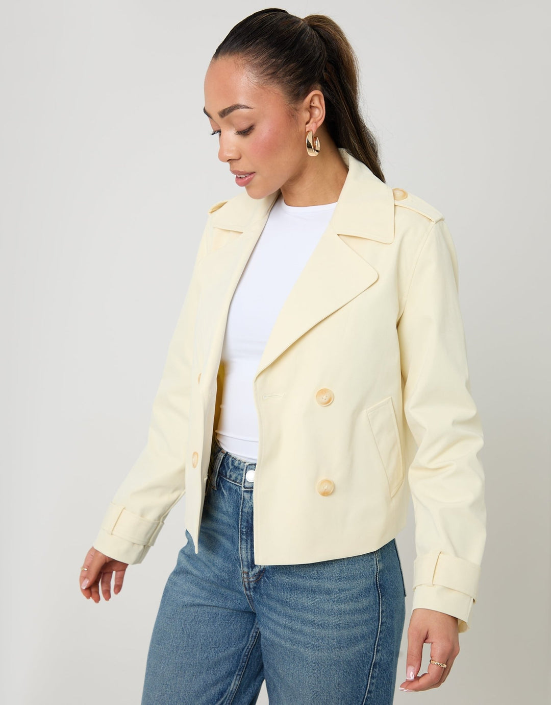 Worn Threadbare Threadbare Women's Double Breasted Cropped Trench in Yellow