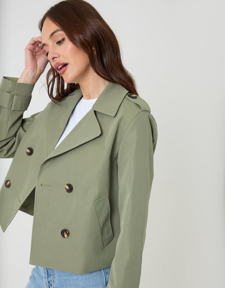 Khaki Green Double Breasted Cropped Trench Coat