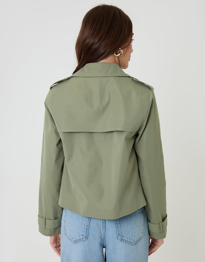 Khaki Green Double Breasted Cropped Trench Coat
