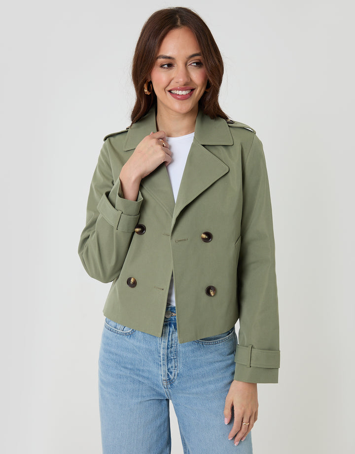 Khaki Green Double Breasted Cropped Trench Coat