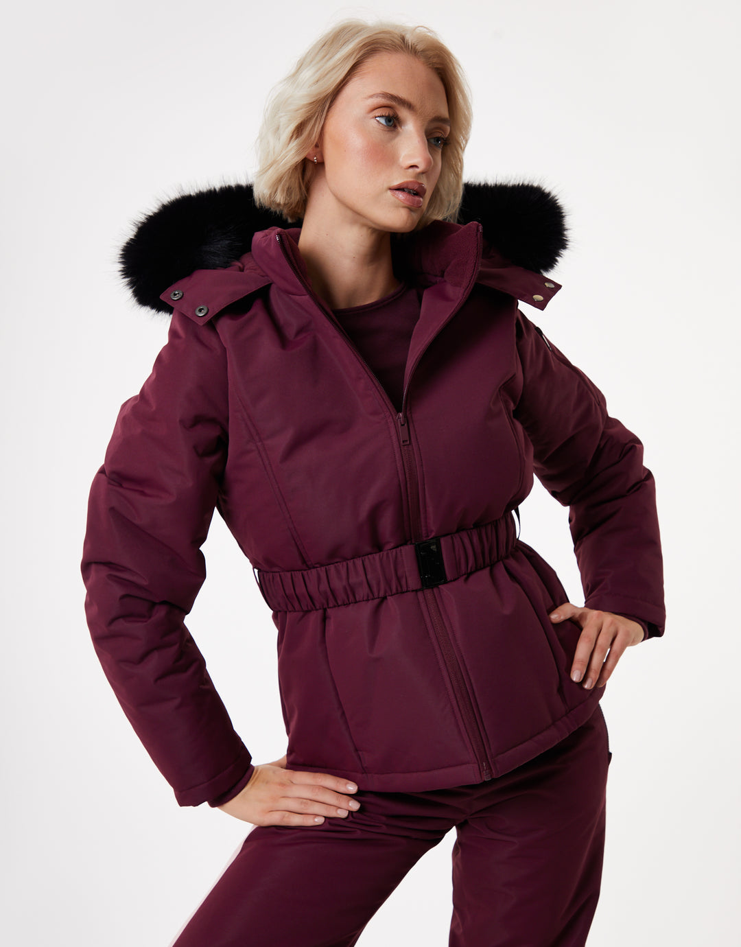 Berry Red Belted Padded Ski Jacket