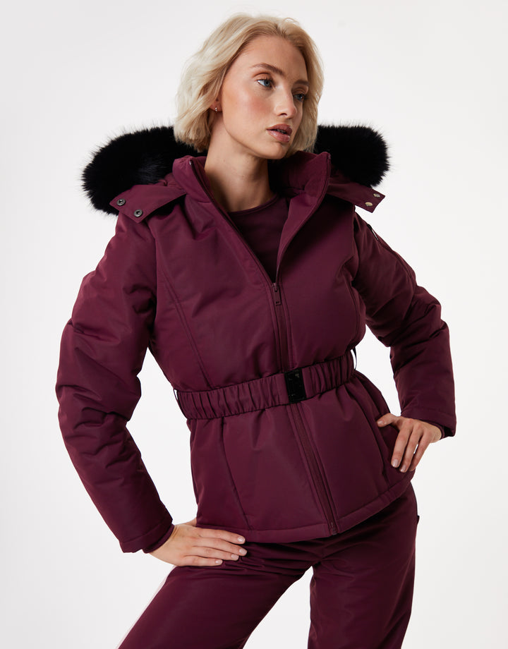 Berry Red Belted Padded Ski Jacket