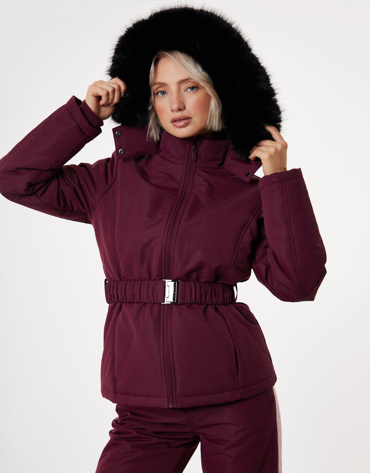 Berry Red Belted Padded Ski Jacket