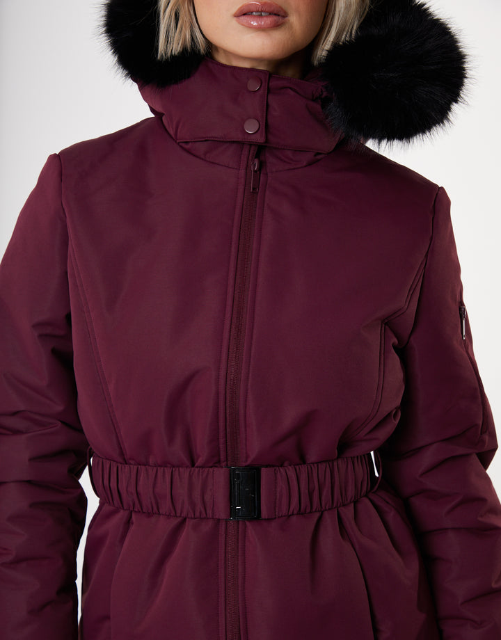 Berry Red Belted Padded Ski Jacket