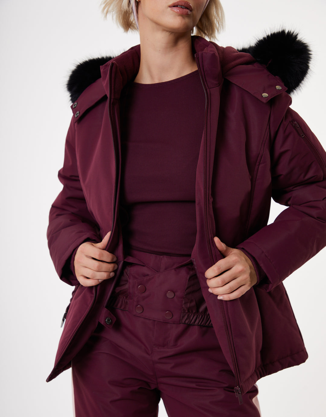 Berry Red Belted Padded Ski Jacket