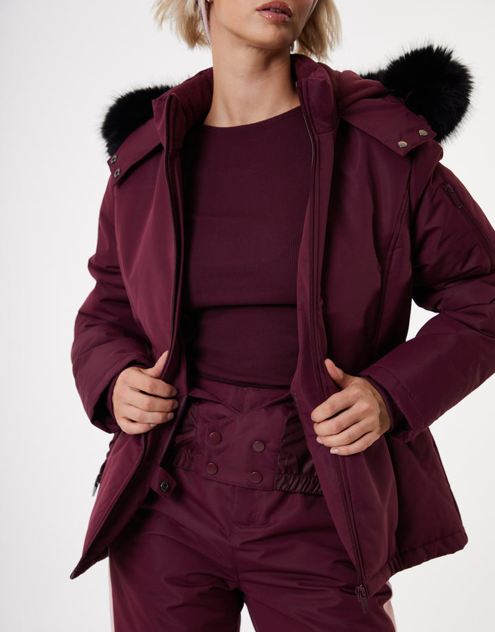 Berry Red Belted Padded Ski Jacket