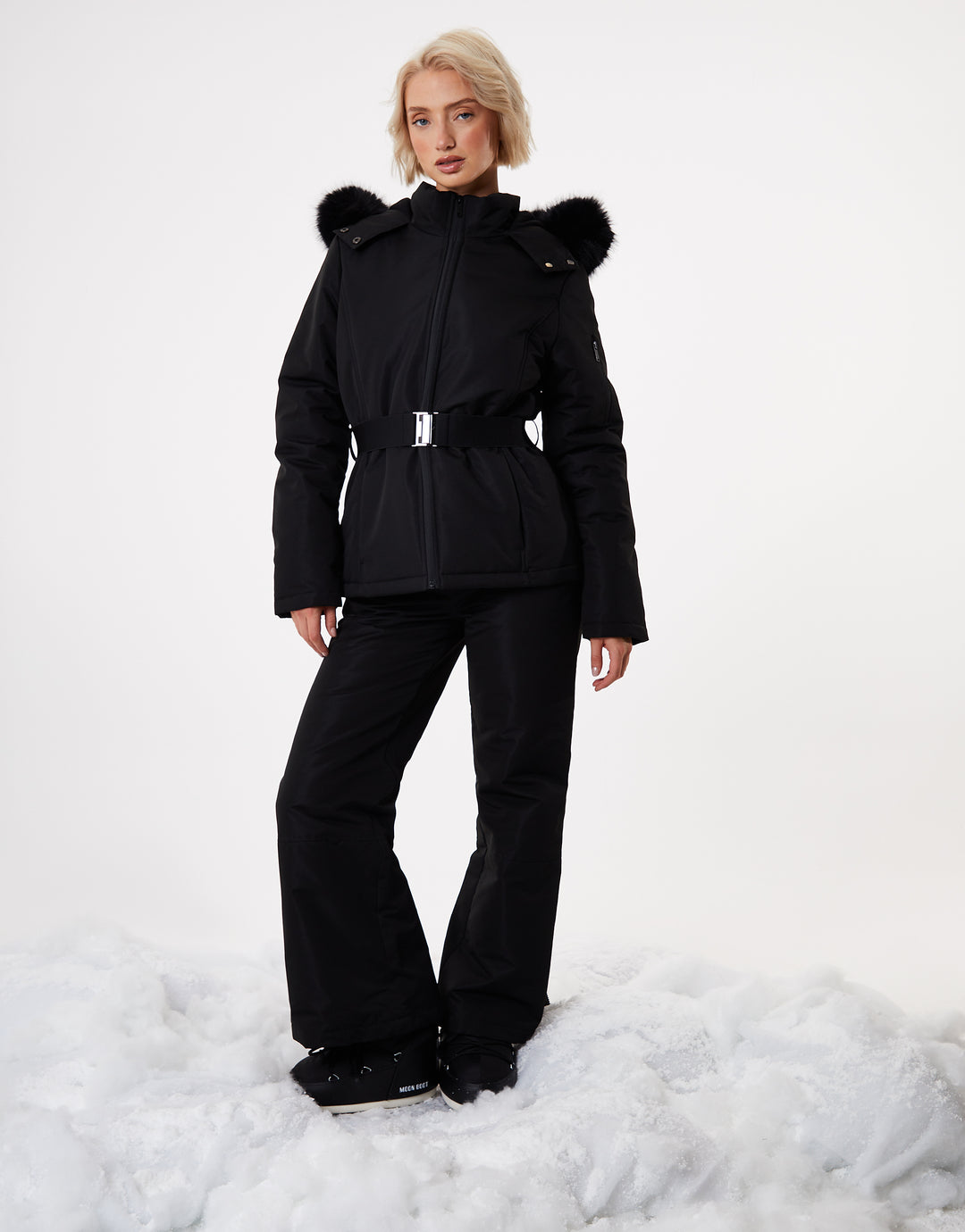Black Belted Padded Ski Jacket