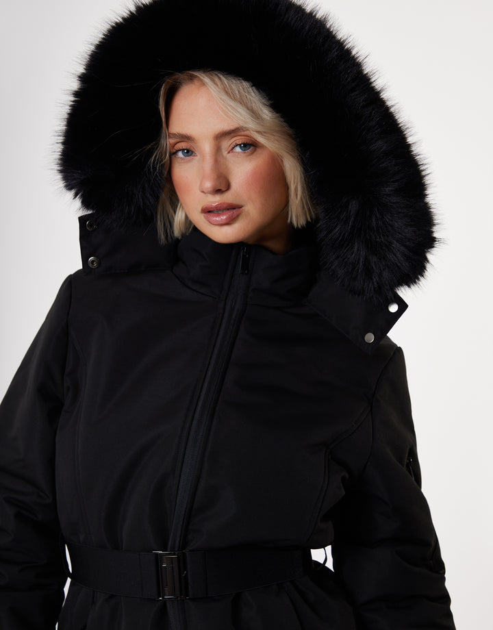 Black Belted Padded Ski Jacket