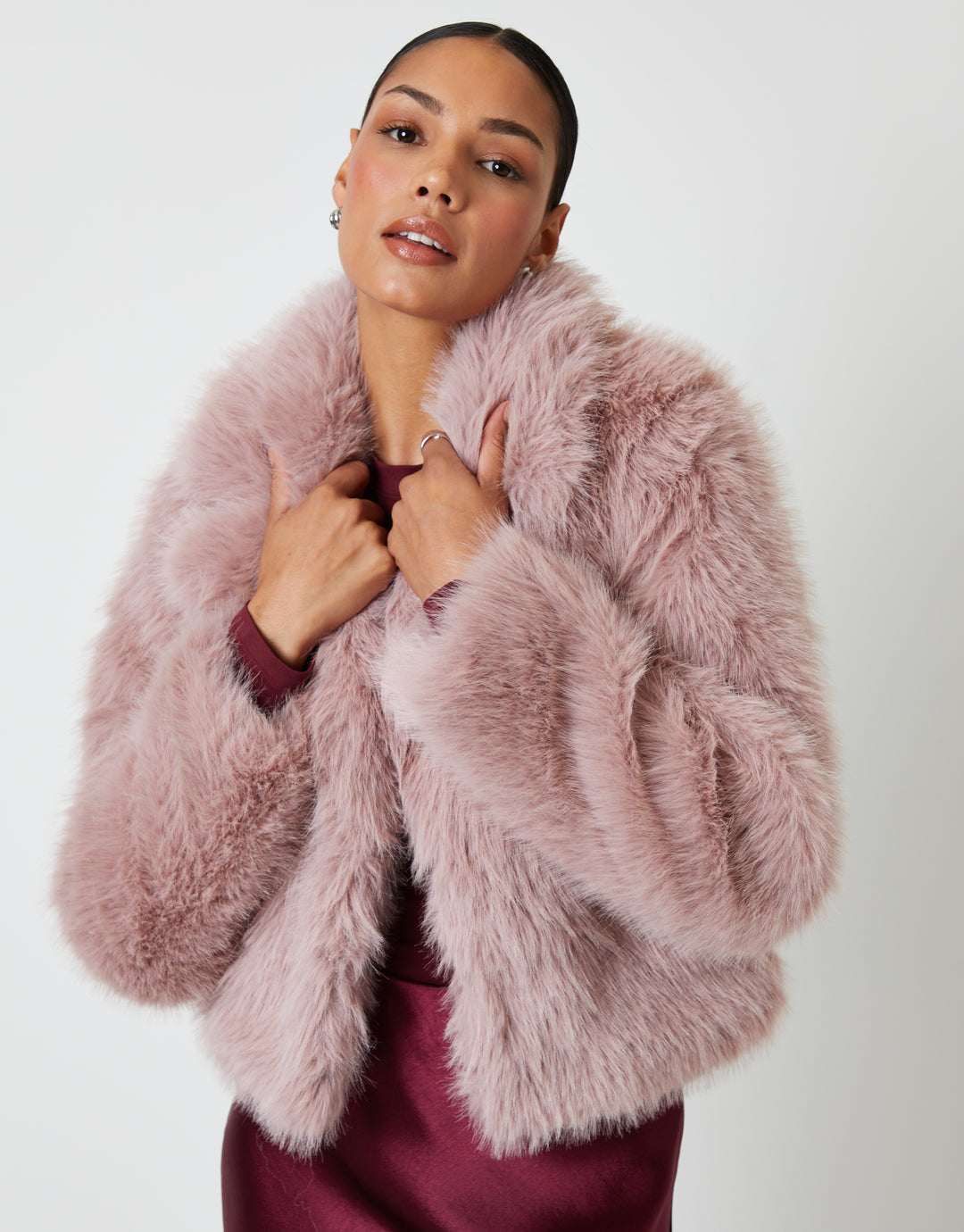 Pink Cropped Faux Fur Coat