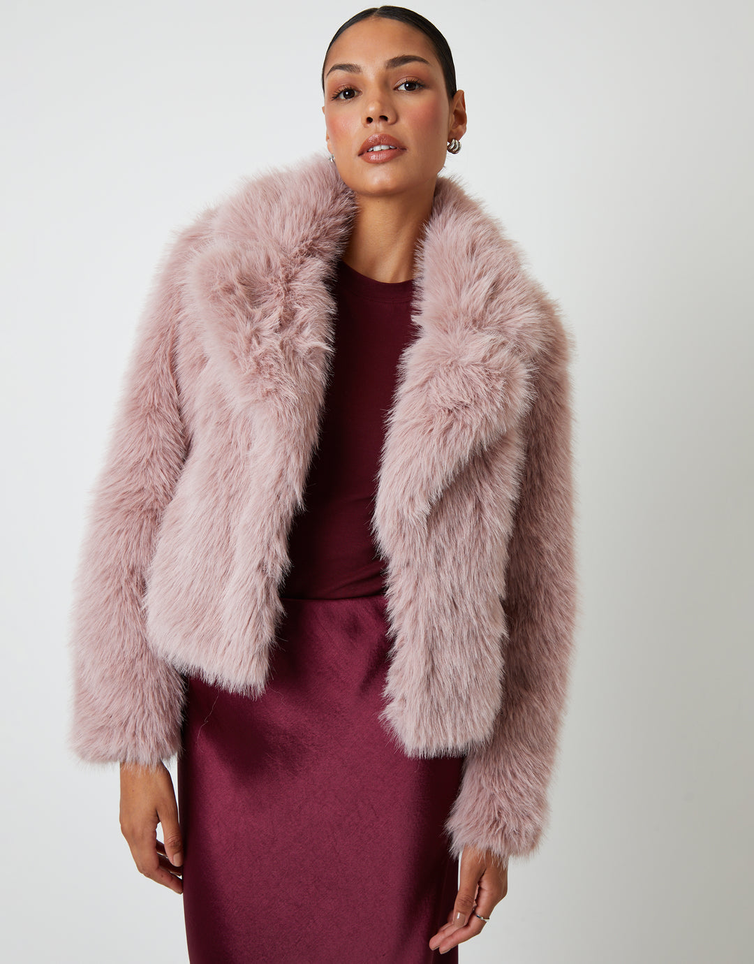 Pink Cropped Faux Fur Coat