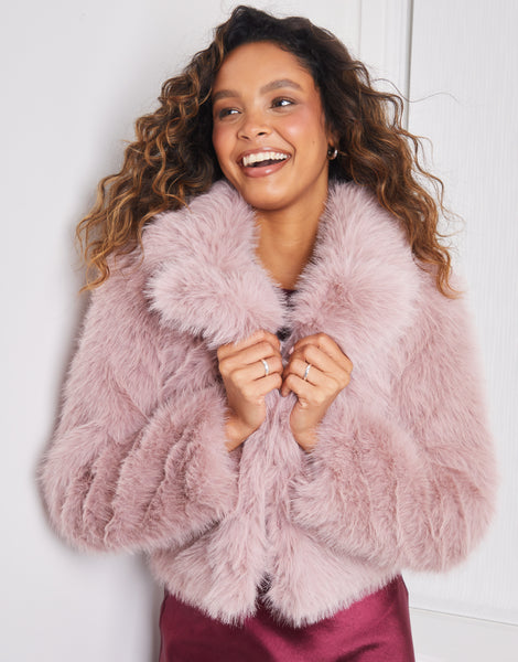 Threadbare Women's Pink Cropped Faux Fur Coat