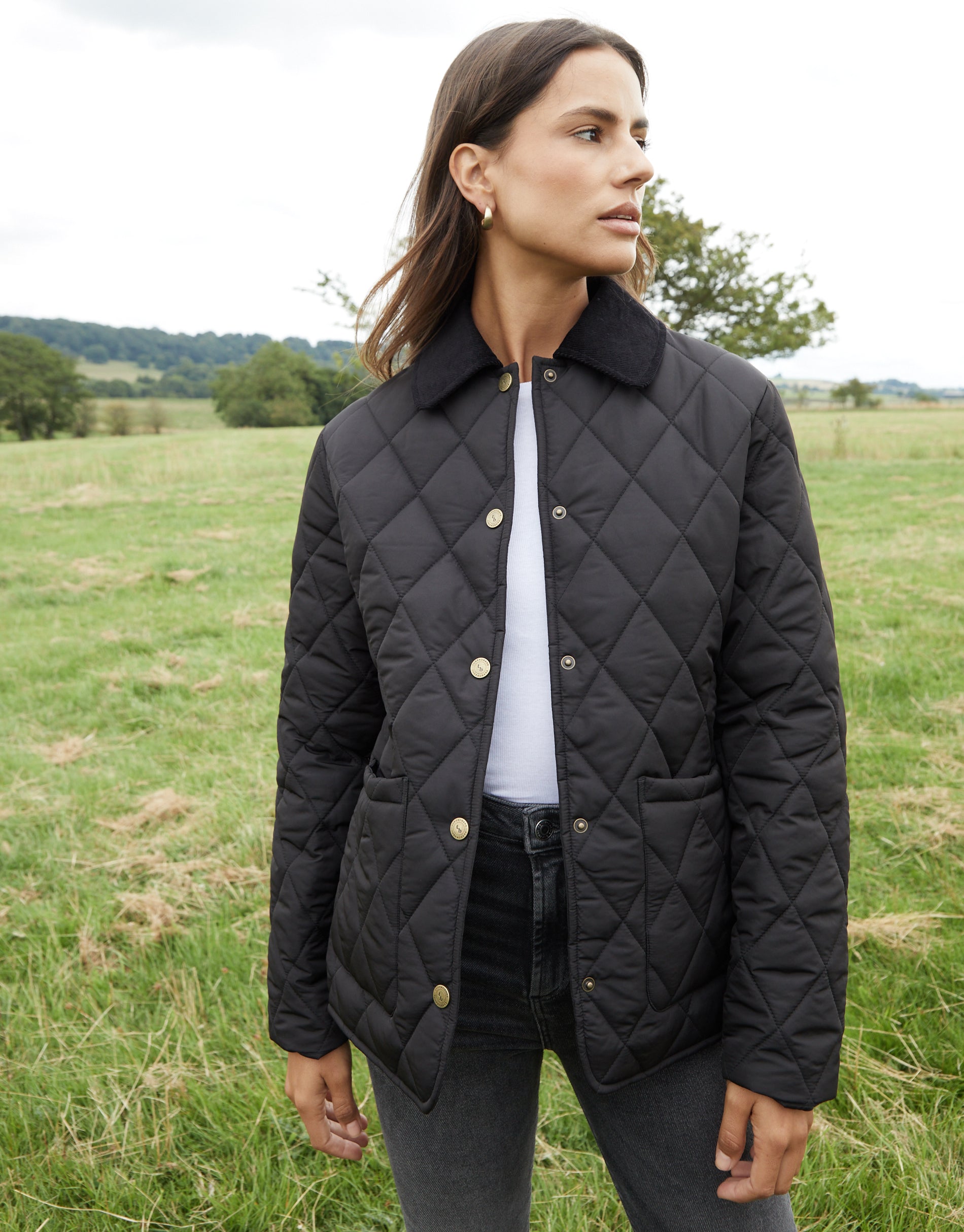 Threadbare Women's Black Cord Collar Diamond Quilted Jacket