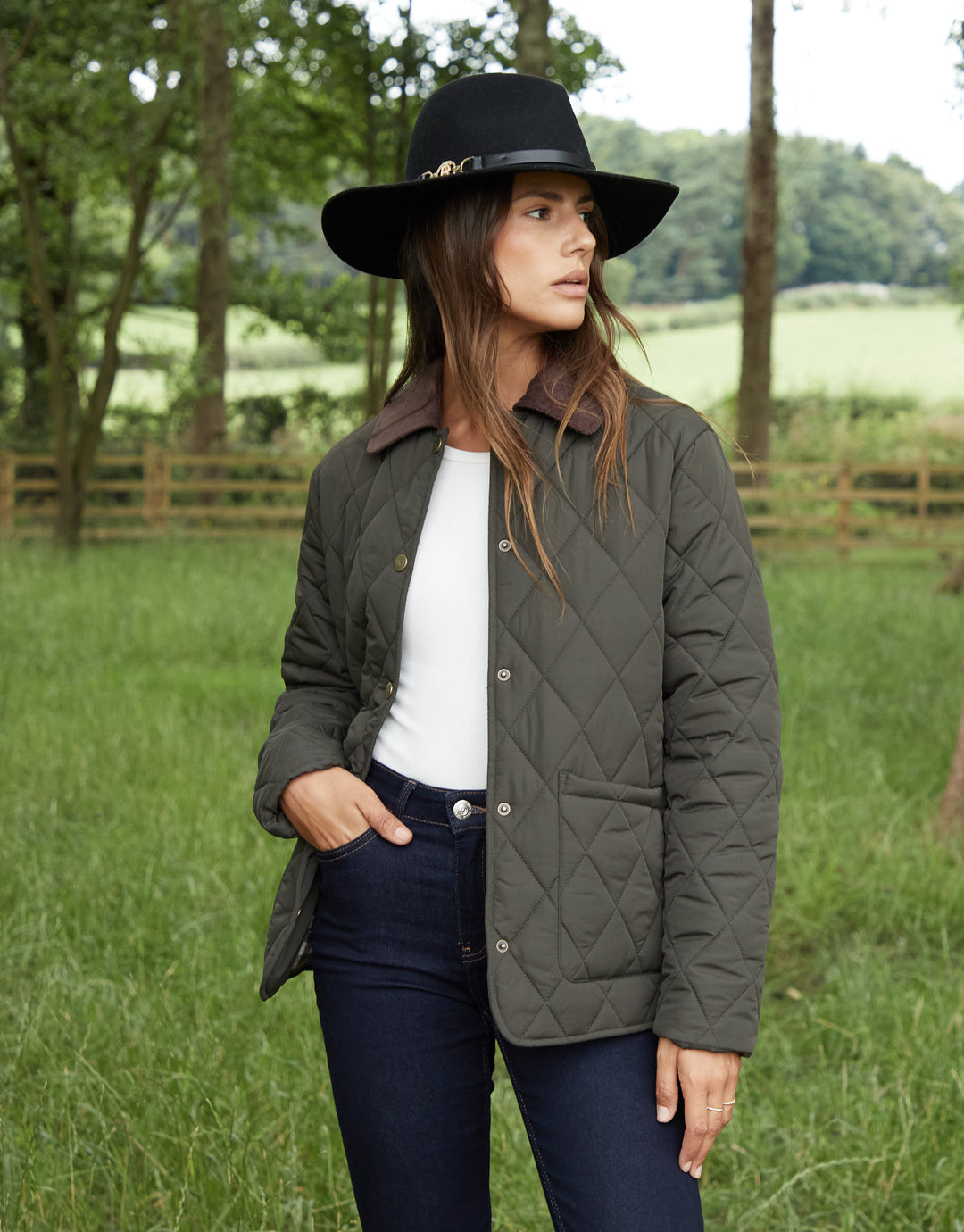 Khaki Green Cord Collar Diamond Quilted Heritage Jacket