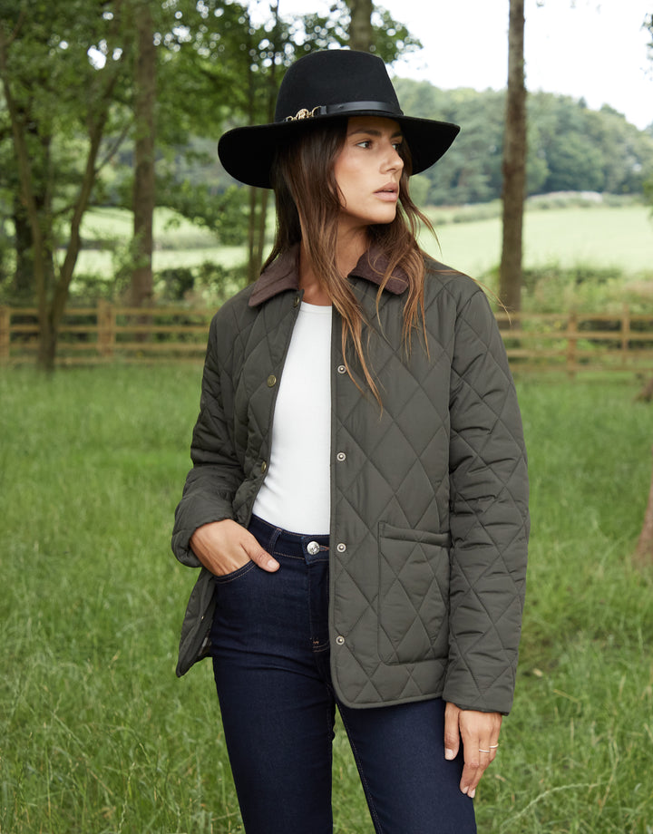 Khaki Green Cord Collar Diamond Quilted Heritage Jacket